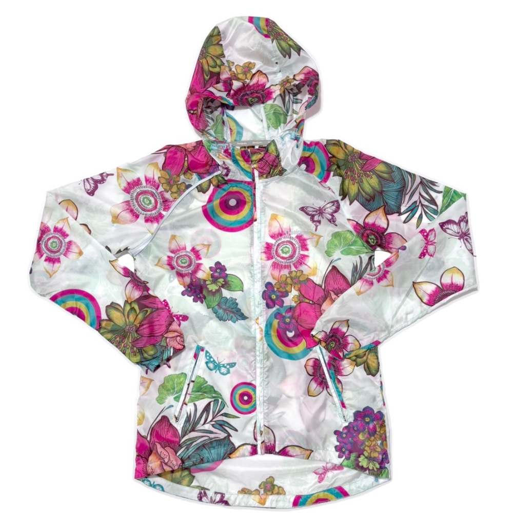Desigual Women's White Floral Zip Up Windbreaker Jacket Size Small
